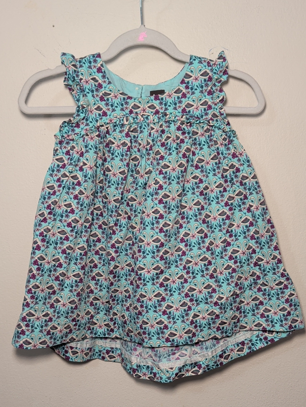 Tea Collection Floral Swans Babydoll Dress Aqua Purple Flutter Sleeve 12-18M
